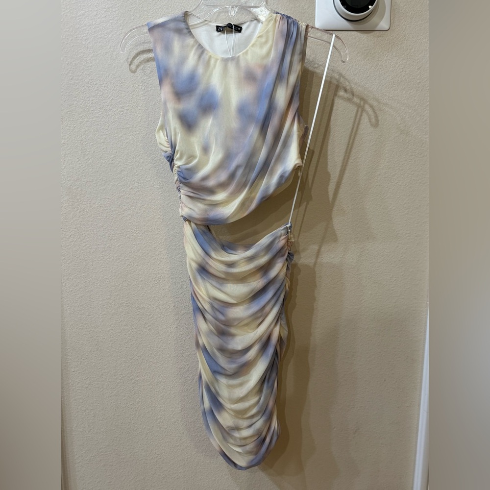 ZARA Cut Out Printed Tulle Dress Multicolor Lilac Cream Hues SIZE XS NWT